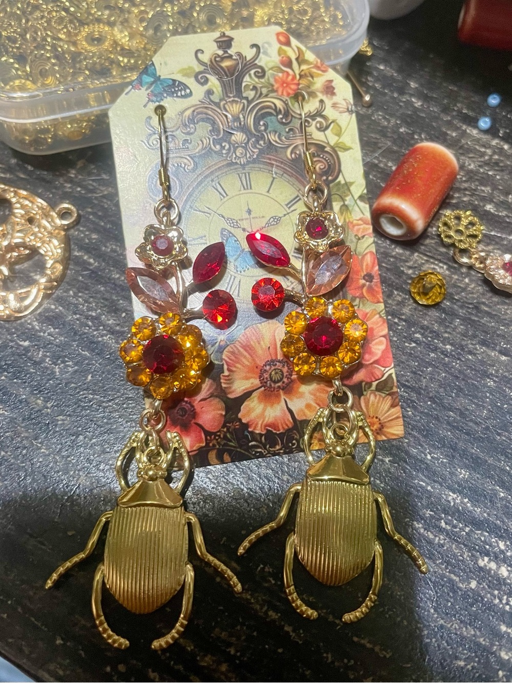 Rich Fall Colors Beetle Earrings with Red and Amber Crystals 🪲